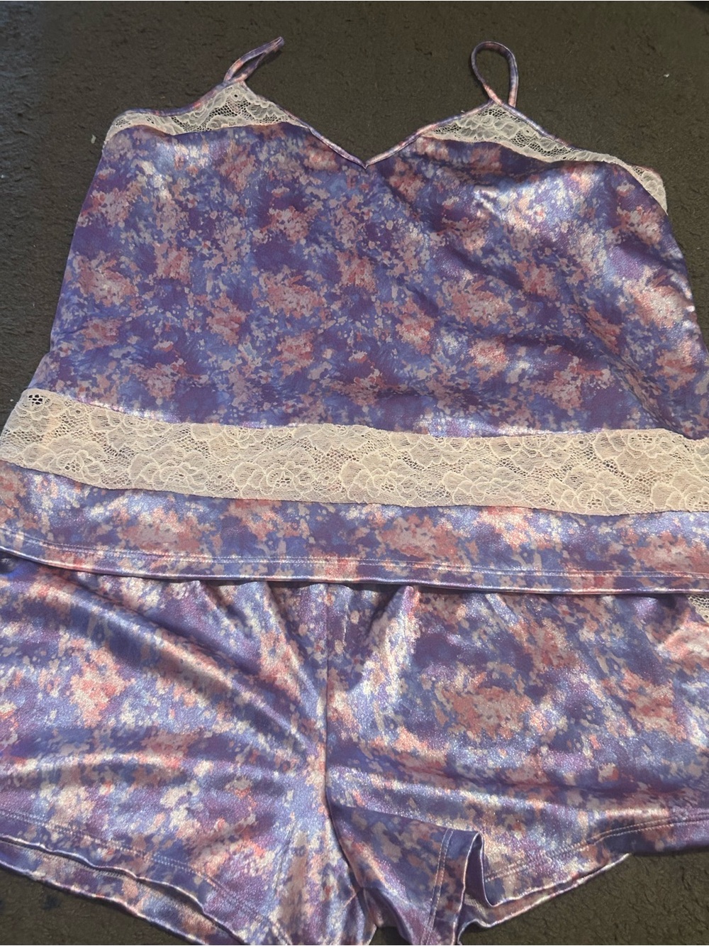 Lace-Trim Satin Cami & Short Sleep Set in Lavender Floral